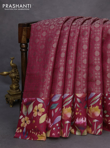 Banarasi silk saree maroon with allover zari woven brocade weaves and floral digital printed border