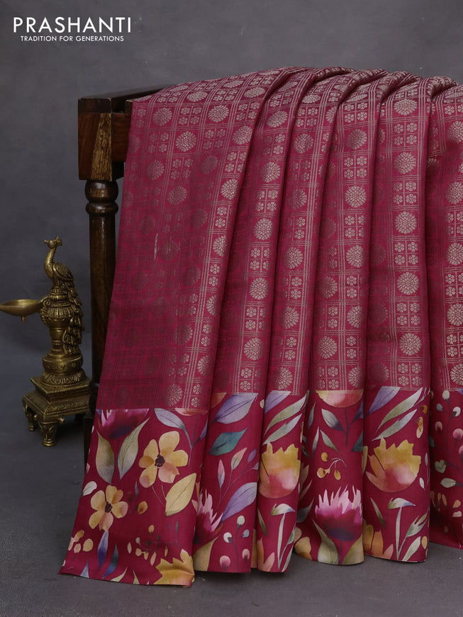 Banarasi silk saree maroon with allover zari woven brocade weaves and floral digital printed border