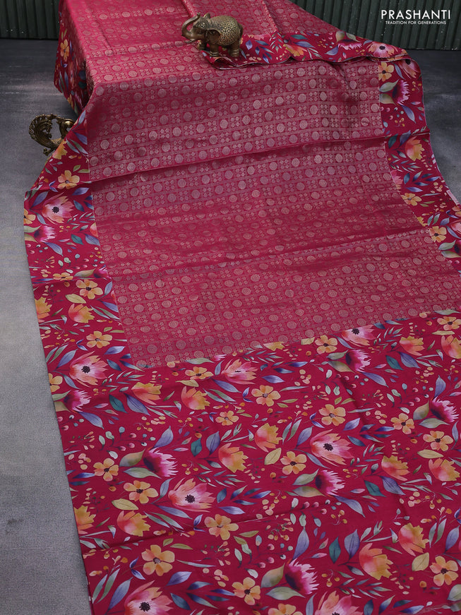 Banarasi silk saree maroon with allover zari woven brocade weaves and floral digital printed border
