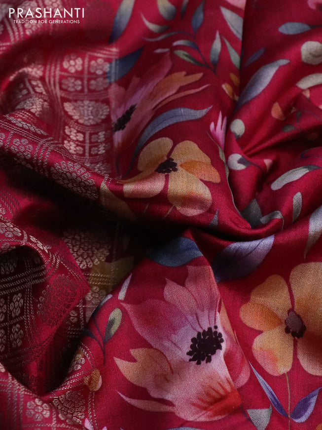 Banarasi silk saree maroon with allover zari woven brocade weaves and floral digital printed border