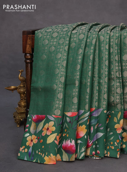 Banarasi silk saree green with allover zari woven brocade weaves and floral digital printed border