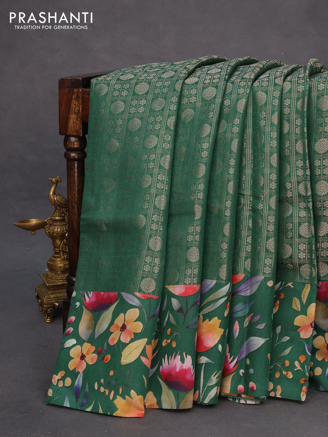Banarasi silk saree green with allover zari woven brocade weaves and floral digital printed border