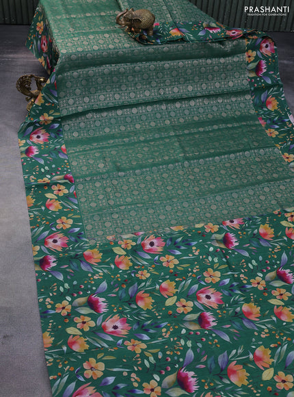 Banarasi silk saree green with allover zari woven brocade weaves and floral digital printed border