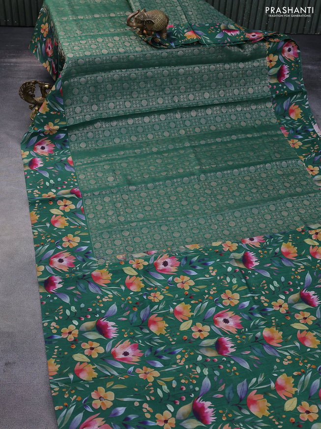 Banarasi silk saree green with allover zari woven brocade weaves and floral digital printed border