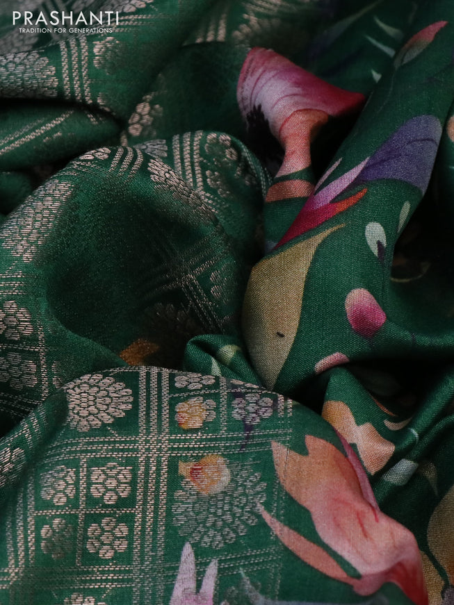 Banarasi silk saree green with allover zari woven brocade weaves and floral digital printed border