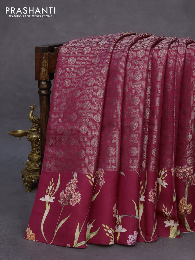 Banarasi silk saree dark pink with allover zari woven brocade weaves and floral digital printed border