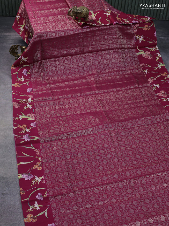 Banarasi silk saree dark pink with allover zari woven brocade weaves and floral digital printed border