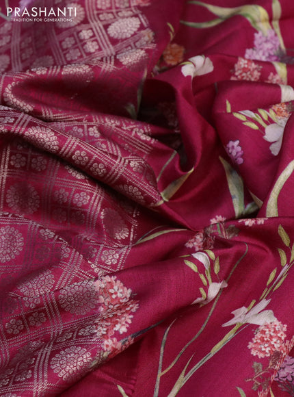 Banarasi silk saree dark pink with allover zari woven brocade weaves and floral digital printed border