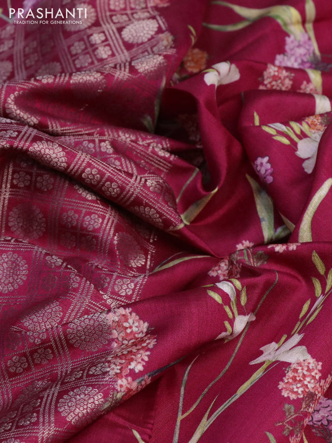 Banarasi silk saree dark pink with allover zari woven brocade weaves and floral digital printed border