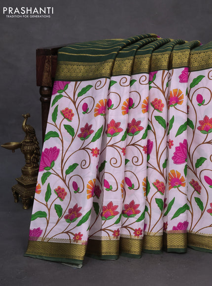 Pure mysore silk saree baby pink and bottle green with zari stripe weaves and long pichwai digital printed border