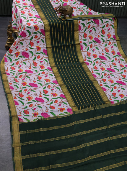 Pure mysore silk saree baby pink and bottle green with zari stripe weaves and long pichwai digital printed border