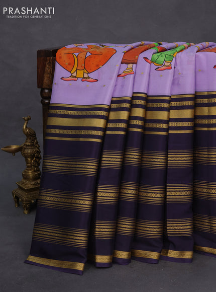 Pure mysore silk saree lavender and deep violet with kalamkari digital prints & zari buttas and long zari woven border