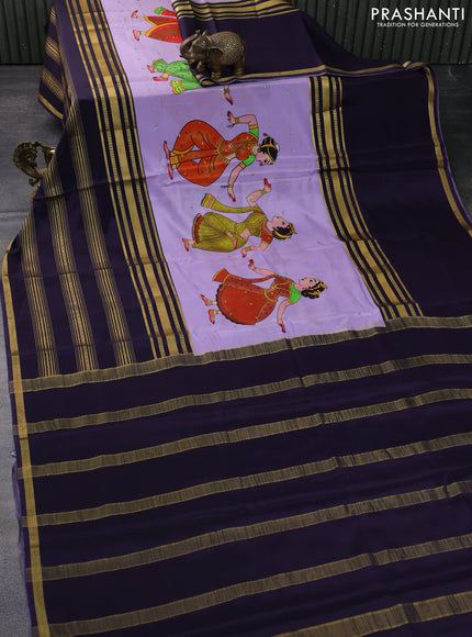 Pure mysore silk saree lavender and deep violet with kalamkari digital prints & zari buttas and long zari woven border