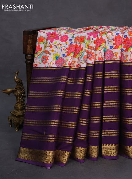 Pure mysore silk saree cream and deep purple with kalamakri digital prints and long zari woven border
