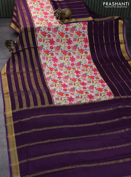 Pure mysore silk saree cream and deep purple with kalamakri digital prints and long zari woven border