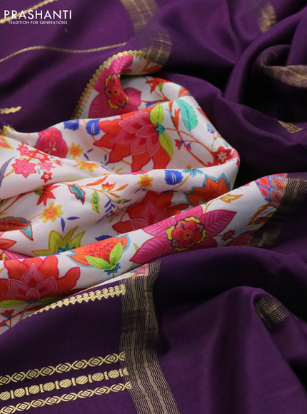 Pure mysore silk saree cream and deep purple with kalamakri digital prints and long zari woven border