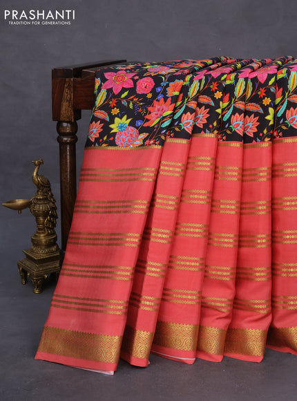 Pure mysore silk saree black and peach shade with kalamakri digital prints and long zari woven border