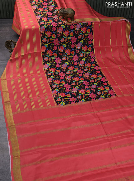 Pure mysore silk saree black and peach shade with kalamakri digital prints and long zari woven border