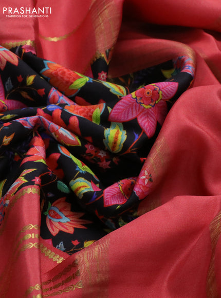 Pure mysore silk saree black and peach shade with kalamakri digital prints and long zari woven border