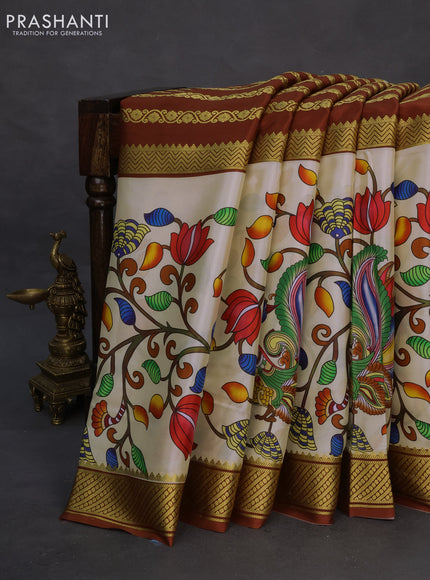 Pure mysore silk saree rustic brown and sandal with zari stripe weaves and long kalamkari digital printed border