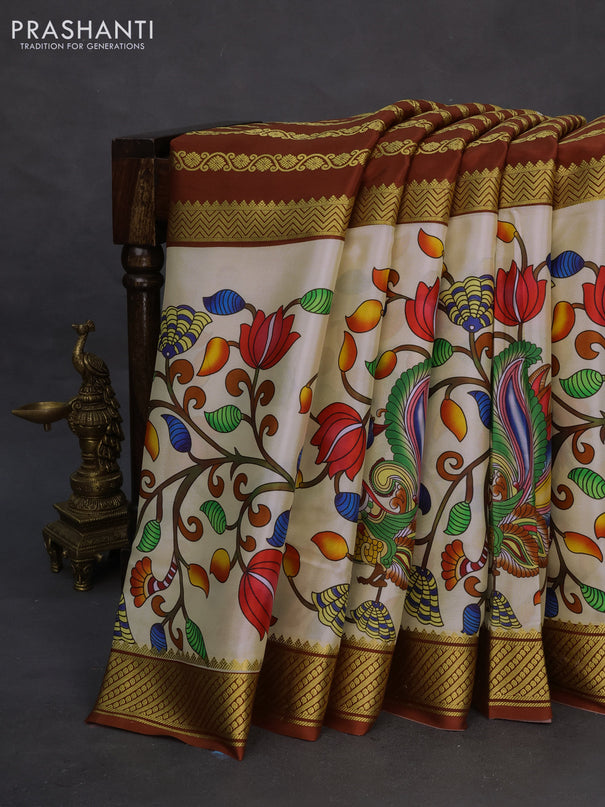 Pure mysore silk saree rustic brown and sandal with zari stripe weaves and long kalamkari digital printed border