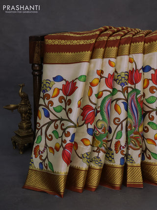 Pure mysore silk saree rustic brown and sandal with zari stripe weaves and long kalamkari digital printed border