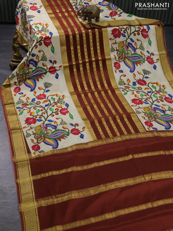 Pure mysore silk saree rustic brown and sandal with zari stripe weaves and long kalamkari digital printed border