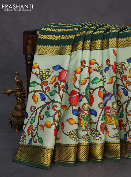 Pure mysore silk saree pastel gren and bottle green with zari stripe weaves and long kalamkari digital printed border