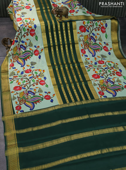 Pure mysore silk saree pastel gren and bottle green with zari stripe weaves and long kalamkari digital printed border