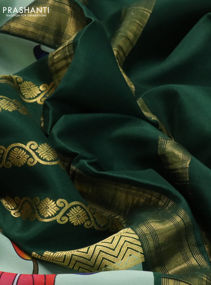 Pure mysore silk saree pastel gren and bottle green with zari stripe weaves and long kalamkari digital printed border
