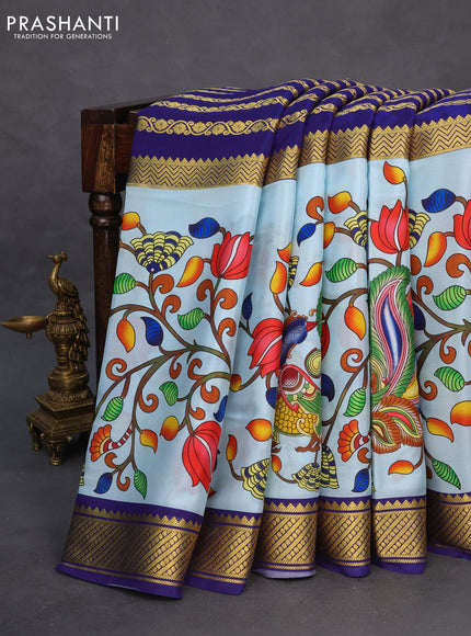 Pure mysore silk saree light blue and blue with zari stripe weaves and long kalamkari digital printed border