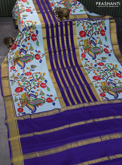 Pure mysore silk saree light blue and blue with zari stripe weaves and long kalamkari digital printed border