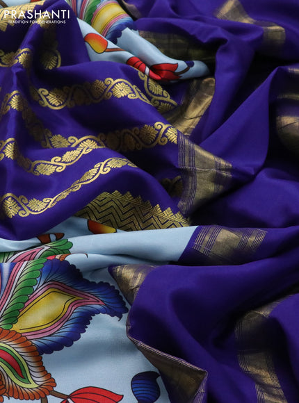 Pure mysore silk saree light blue and blue with zari stripe weaves and long kalamkari digital printed border