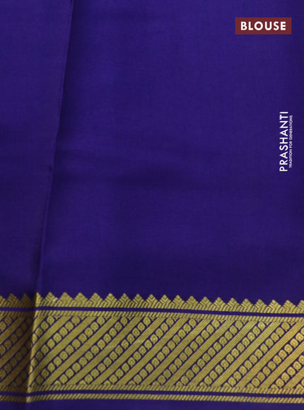 Pure mysore silk saree light blue and blue with zari stripe weaves and long kalamkari digital printed border