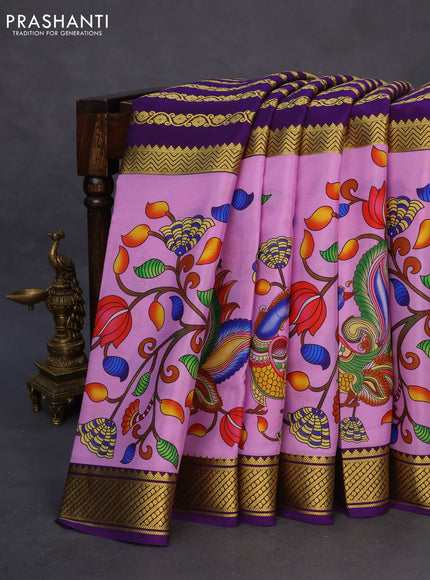 Pure mysore silk saree lavender and violet with zari stripe weaves and long kalamkari digital printed border