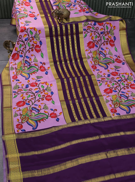 Pure mysore silk saree lavender and violet with zari stripe weaves and long kalamkari digital printed border
