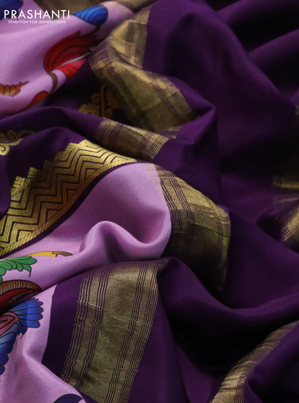 Pure mysore silk saree lavender and violet with zari stripe weaves and long kalamkari digital printed border