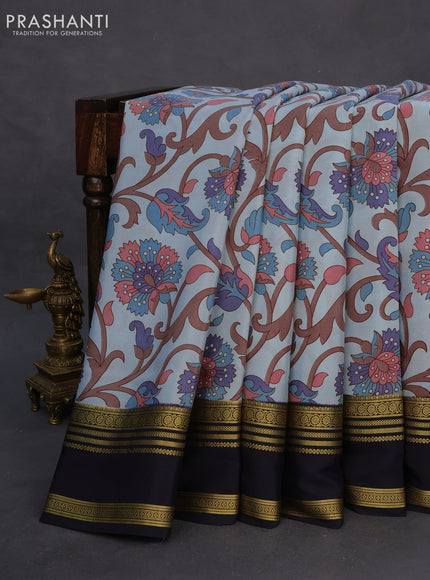 Pure mysore silk saree pastel blue and black with allover floral digital prints and rettapet zari woven border