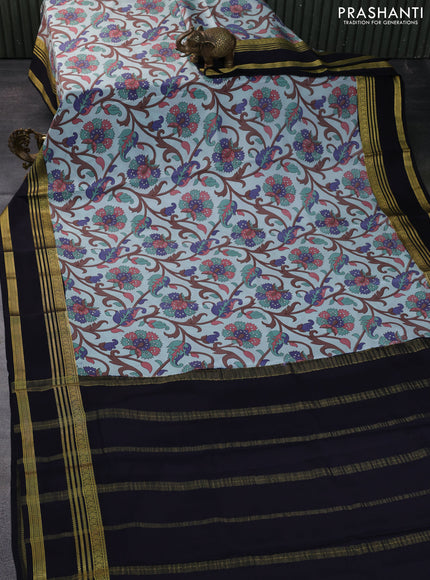 Pure mysore silk saree pastel blue and black with allover floral digital prints and rettapet zari woven border