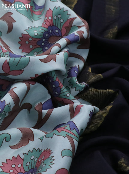 Pure mysore silk saree pastel blue and black with allover floral digital prints and rettapet zari woven border