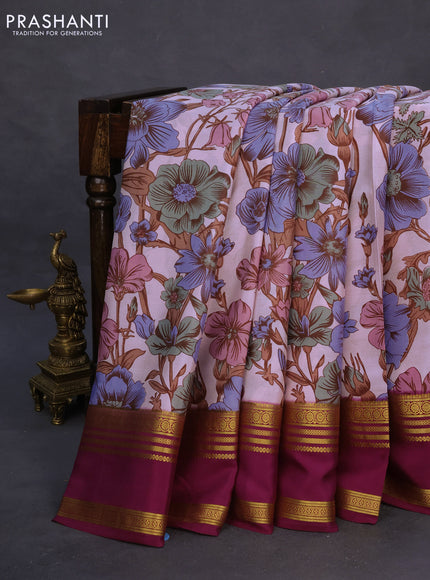 Pure mysore silk saree baby pink and wine shade with allover floral digital prints and rettapet zari woven border