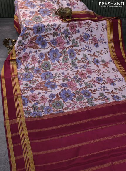 Pure mysore silk saree baby pink and wine shade with allover floral digital prints and rettapet zari woven border