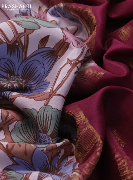 Pure mysore silk saree baby pink and wine shade with allover floral digital prints and rettapet zari woven border