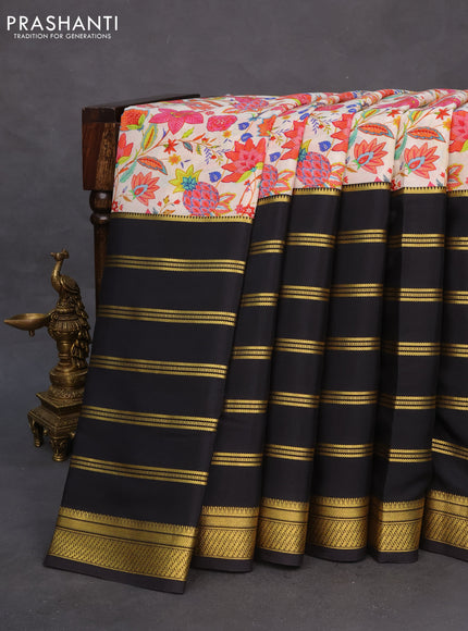 Pure mysore silk saree cream and black with kalamkari digital prints and long zari woven border