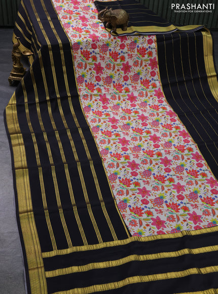 Pure mysore silk saree cream and black with kalamkari digital prints and long zari woven border