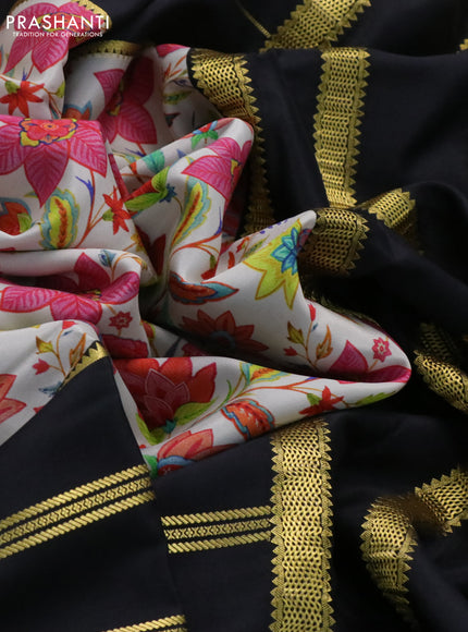 Pure mysore silk saree cream and black with kalamkari digital prints and long zari woven border
