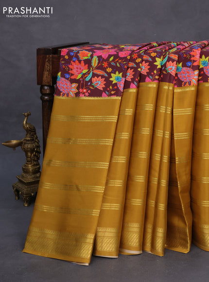 Pure mysore silk saree deep maroon and dark mustard with kalamkari digital prints and long zari woven border