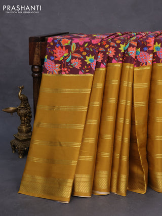 Pure mysore silk saree deep maroon and dark mustard with kalamkari digital prints and long zari woven border