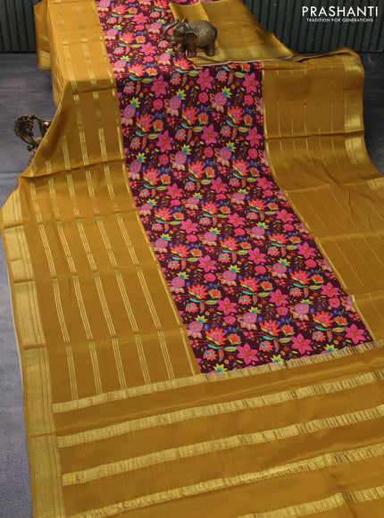 Pure mysore silk saree deep maroon and dark mustard with kalamkari digital prints and long zari woven border