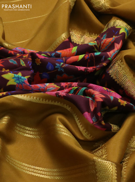 Pure mysore silk saree deep maroon and dark mustard with kalamkari digital prints and long zari woven border